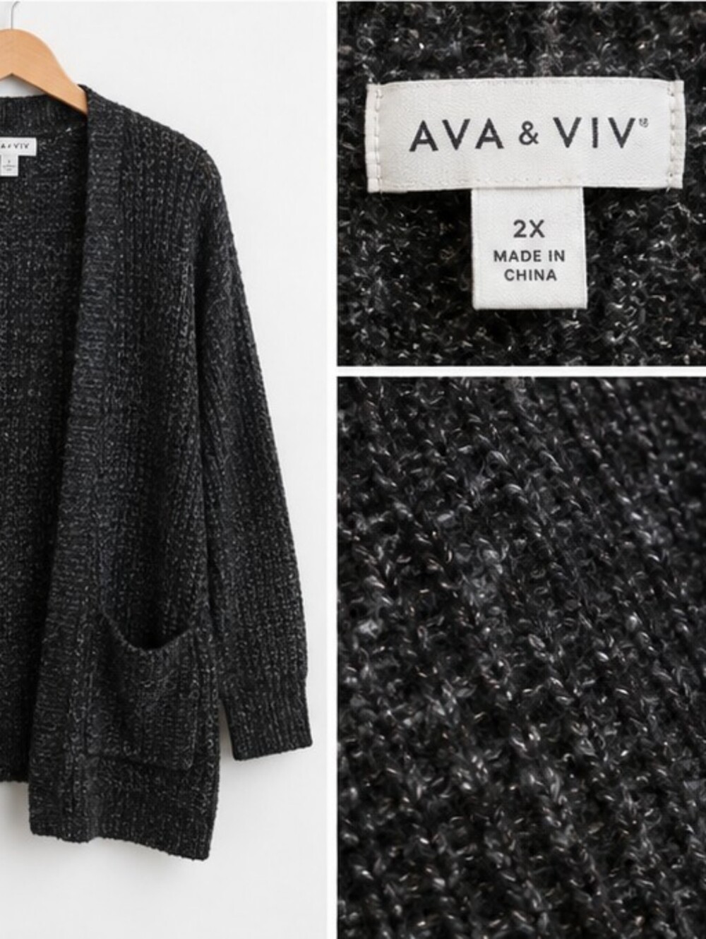 Ava & Viv 2X Open Front Cardigan Black Gray Metallic Knit Pockets - Picture 4 of 5